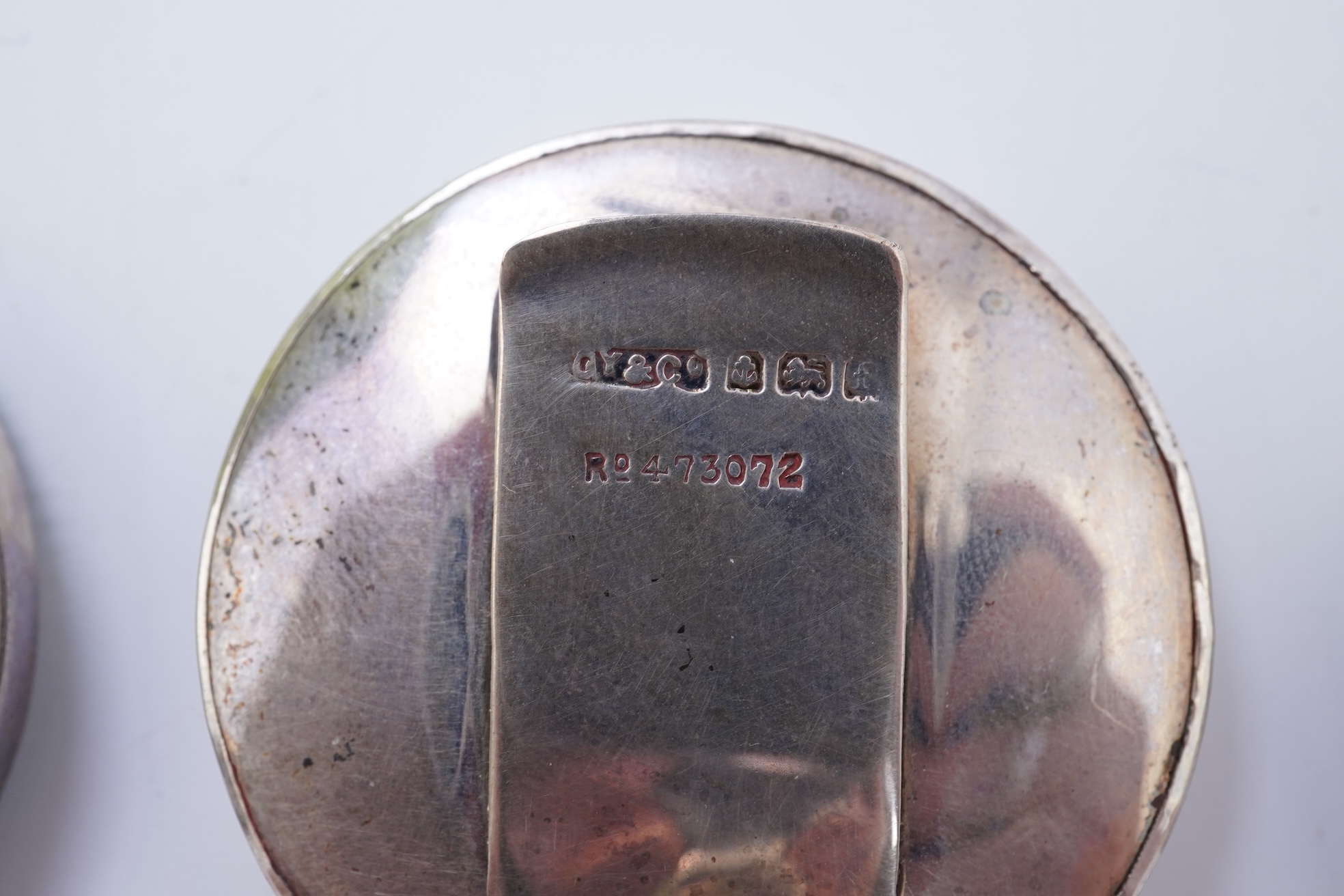 A set of four early 20th century silver mounted fishing related novelty menu holders, by Grey & Co, housed in a red leather case with gilt initials RV